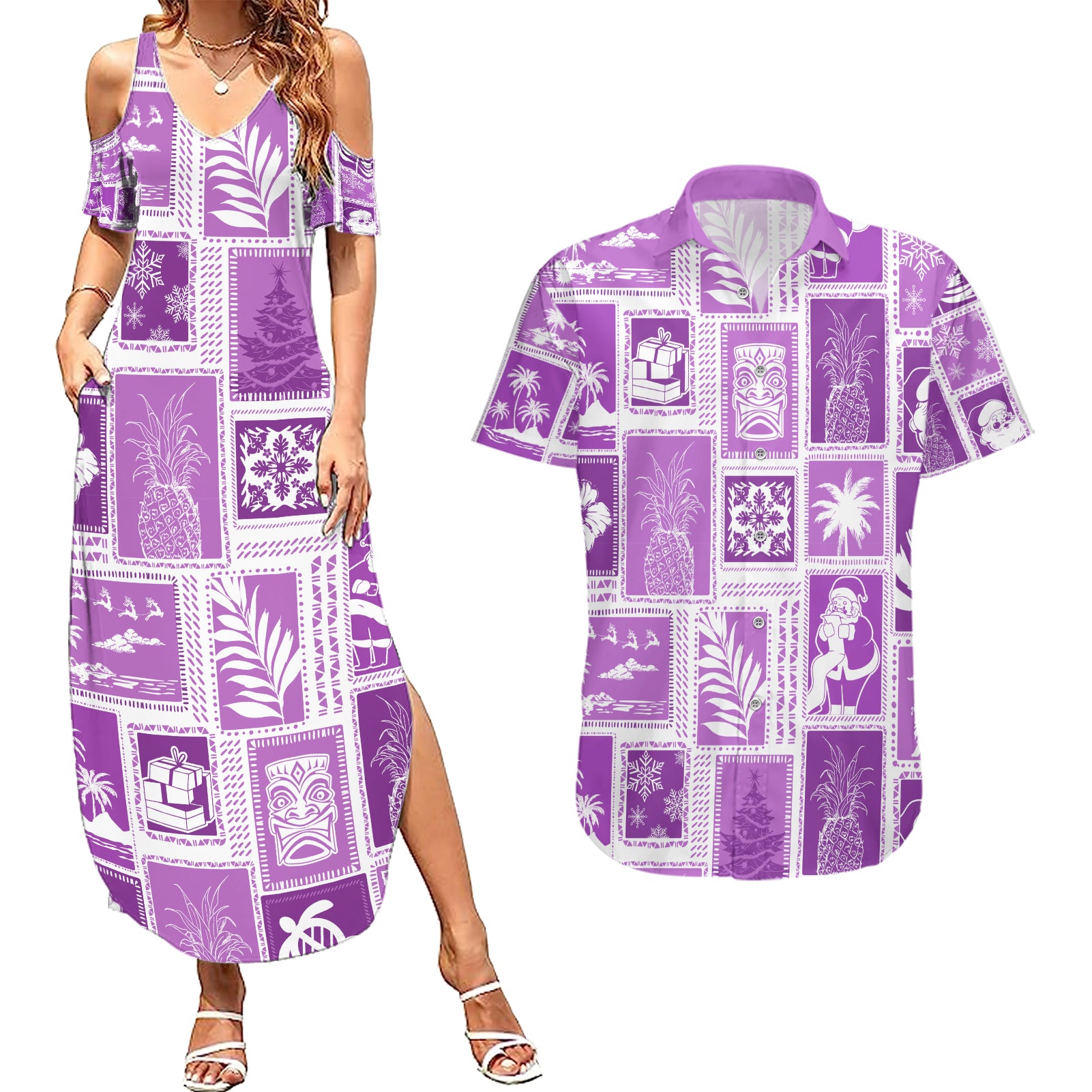 Hawaii Christmas Retro Patchwork Couples Matching Summer Maxi Dress and Hawaiian Shirt Violet LT7 Violet - Polynesian Pride
