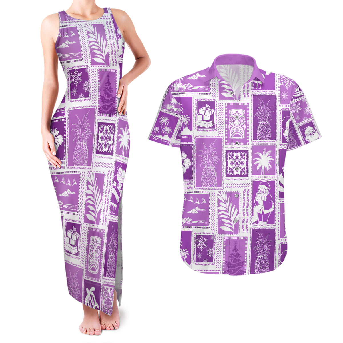 Hawaii Christmas Retro Patchwork Couples Matching Tank Maxi Dress and Hawaiian Shirt Violet LT7 Violet - Polynesian Pride