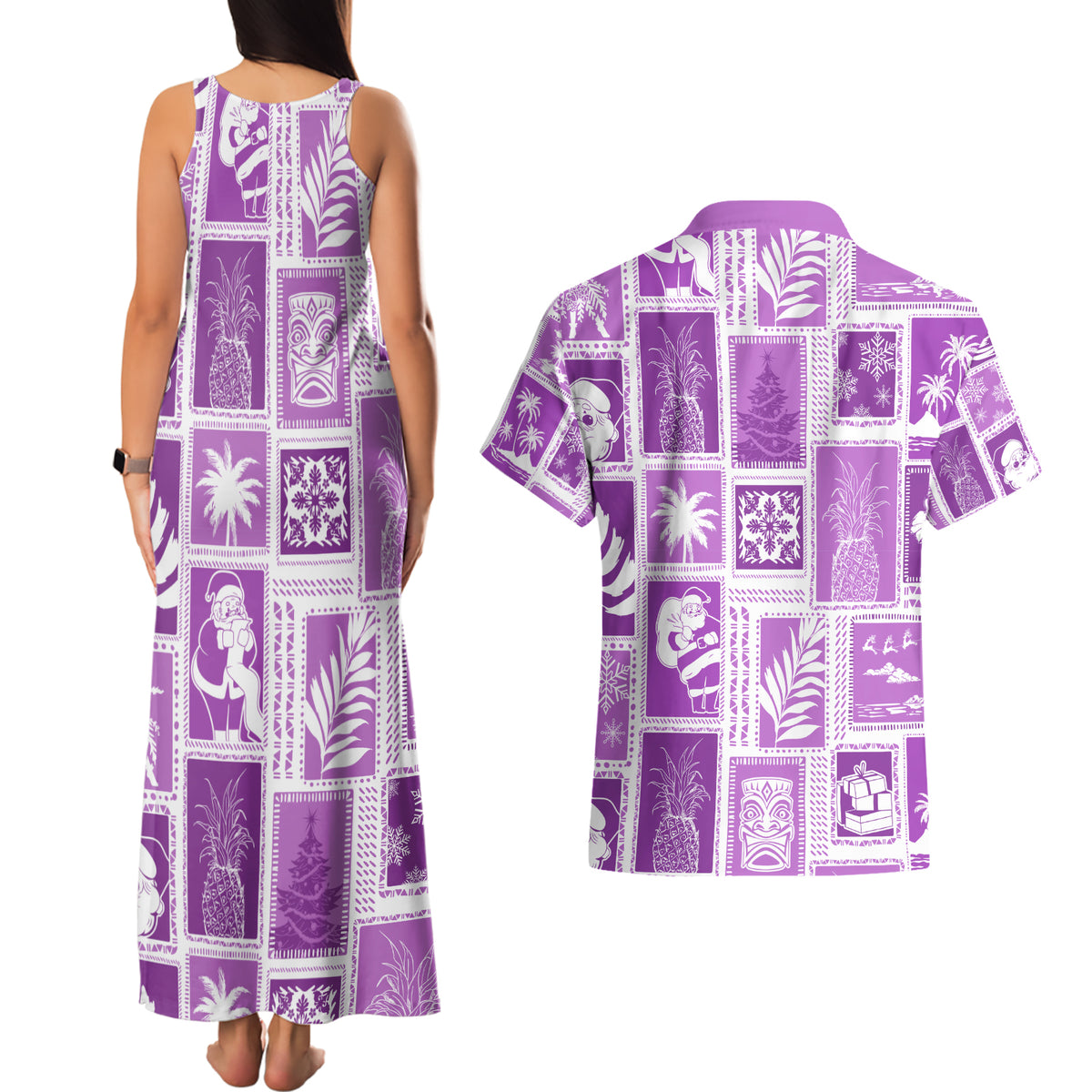 Hawaii Christmas Retro Patchwork Couples Matching Tank Maxi Dress and Hawaiian Shirt Violet LT7 - Polynesian Pride