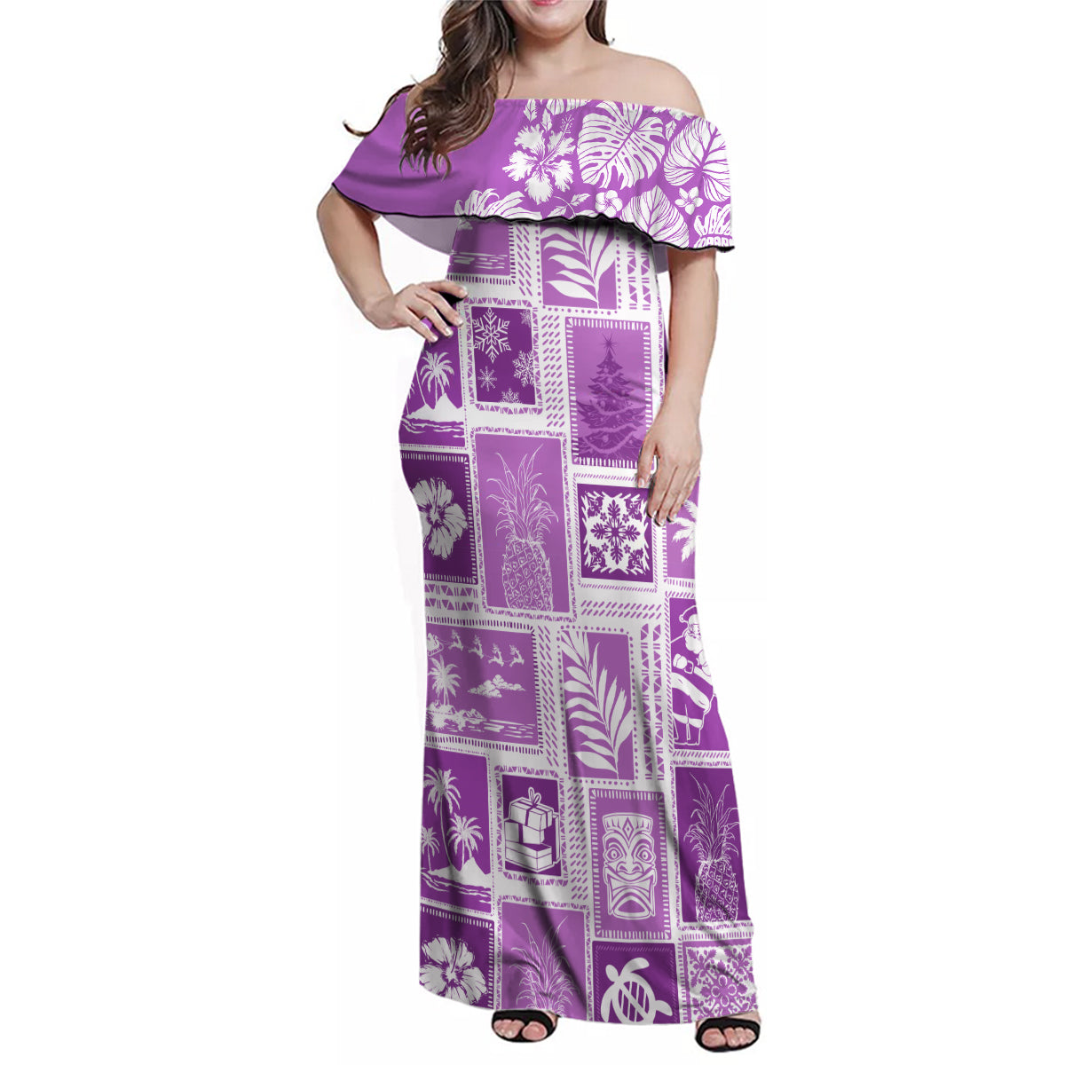 Hawaii Christmas Retro Patchwork Family Matching Off Shoulder Maxi Dress and Hawaiian Shirt Violet LT7 Mom's Dress Violet - Polynesian Pride
