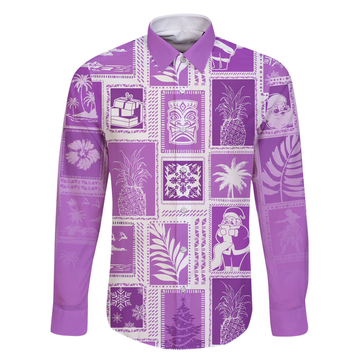 Hawaii Christmas Retro Patchwork Family Matching Summer Maxi Dress and Hawaiian Shirt Violet LT7 Dad's Shirt - Long Sleeve Violet - Polynesian Pride