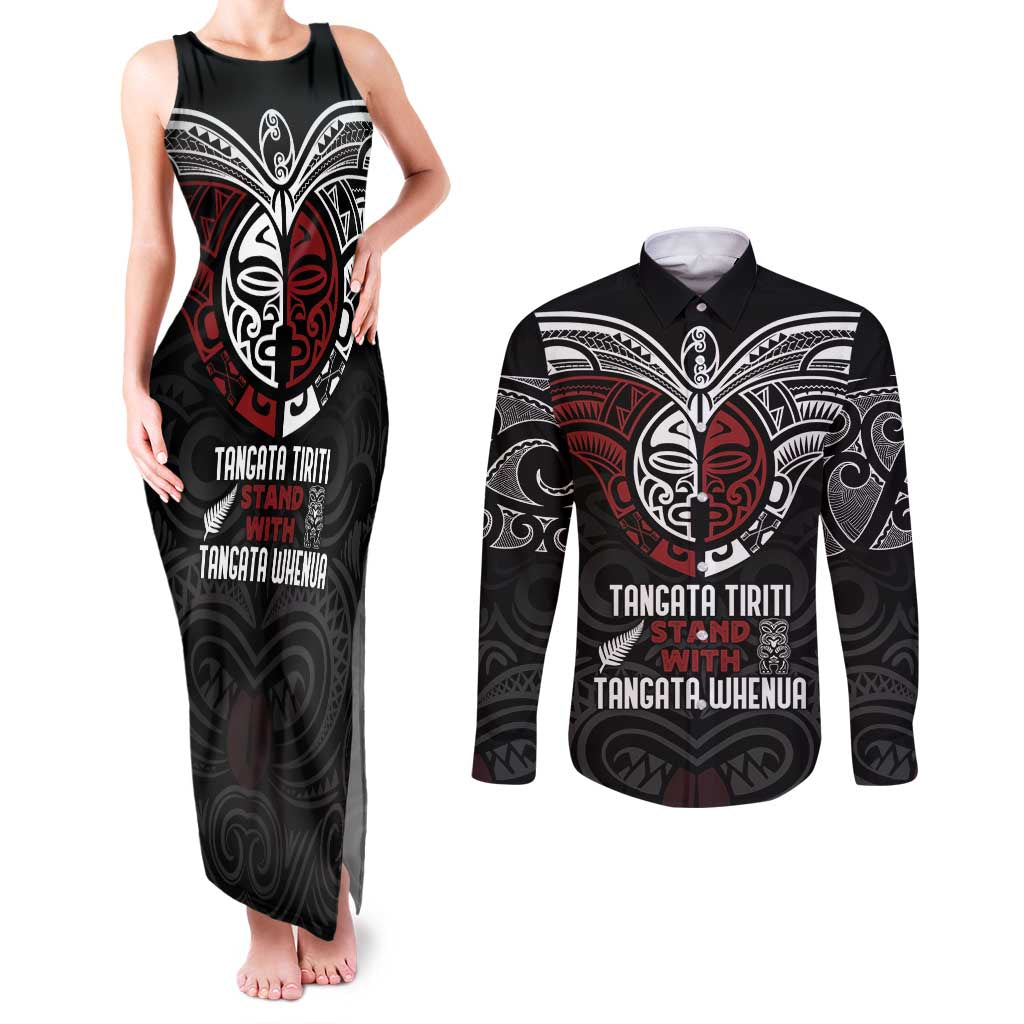 Maori Hongi Toitu Te Tiriti Couples Matching Tank Maxi Dress and Long Sleeve Button Shirt Tangata Tiriti Stand With Tangata Whenua