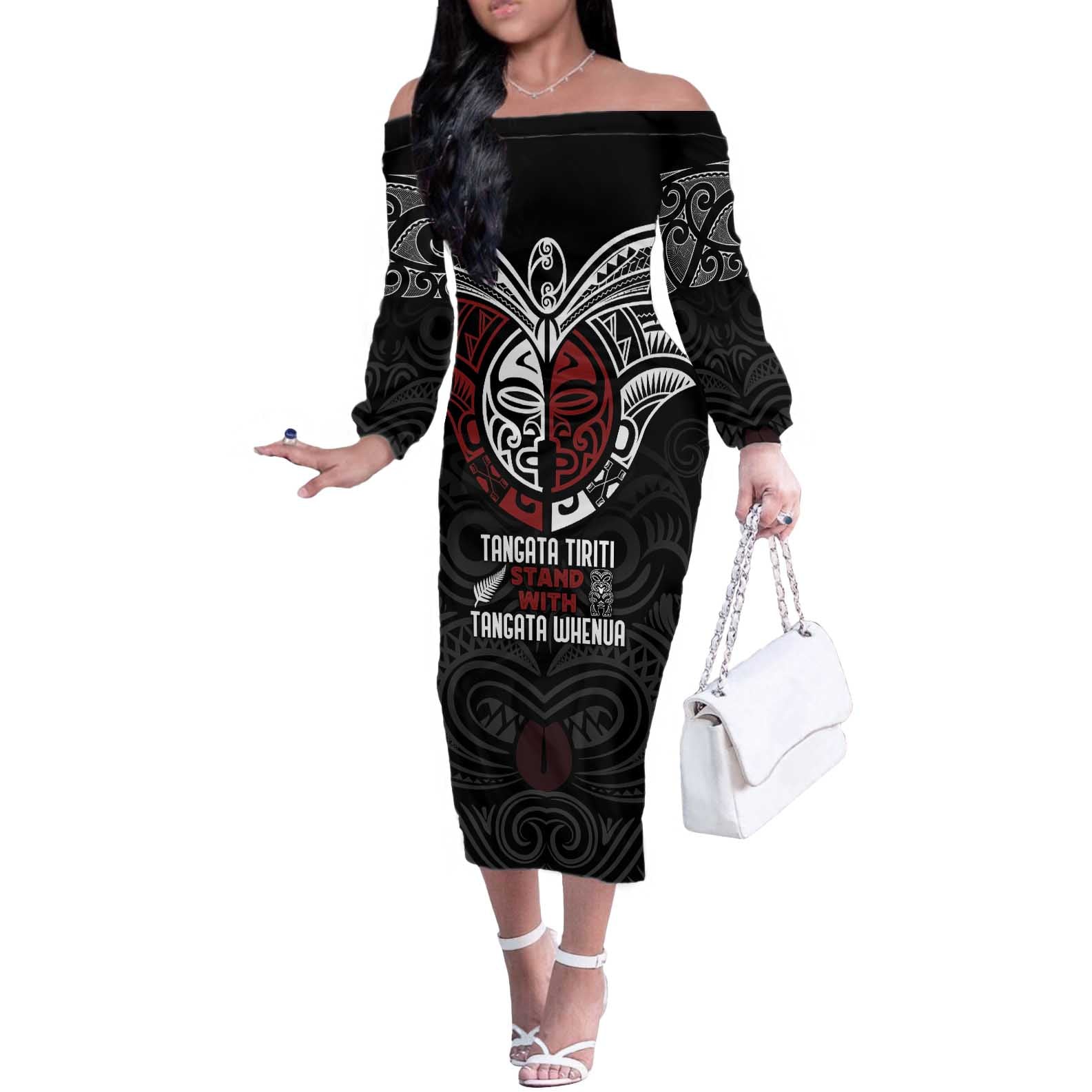 Maori Hongi Toitu Te Tiriti Off The Shoulder Long Sleeve Dress Tangata Tiriti Stand With Tangata Whenua