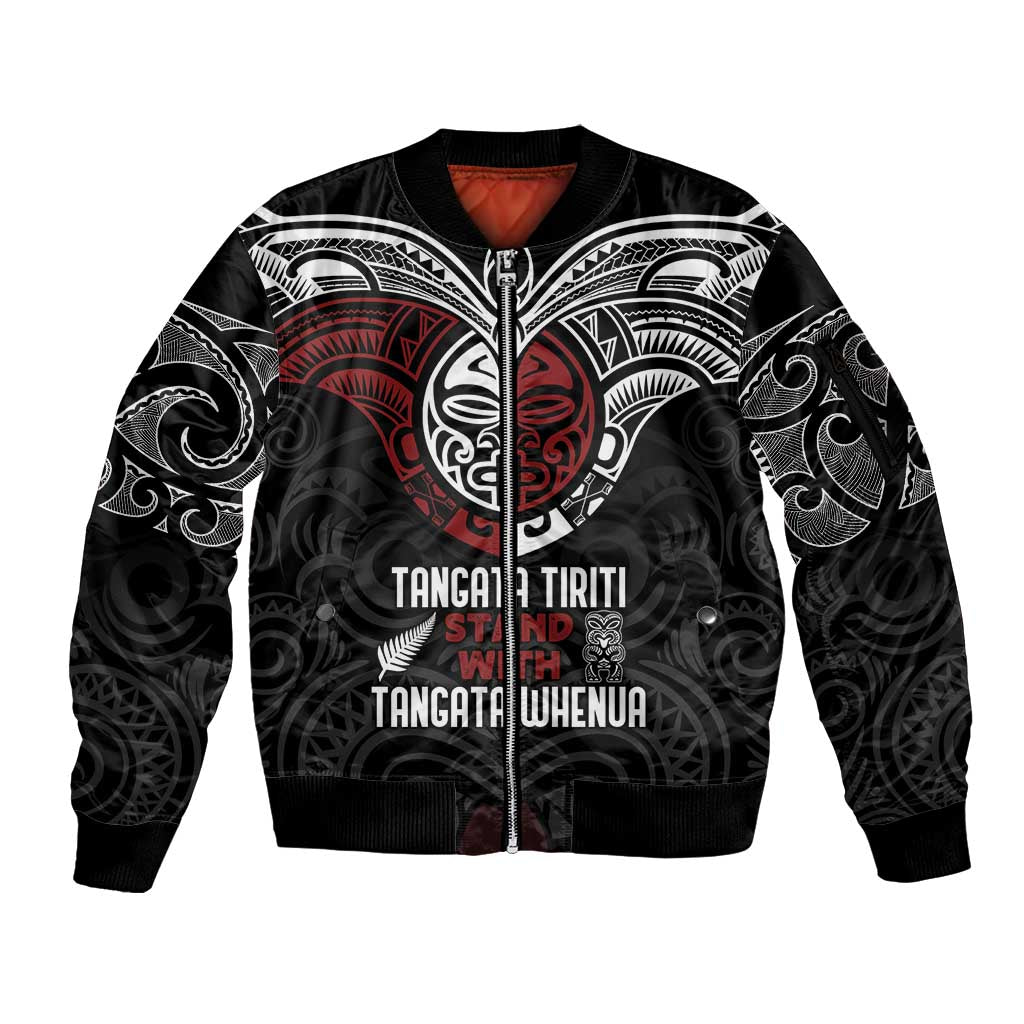 Maori Hongi Toitu Te Tiriti Sleeve Zip Bomber Jacket Tangata Tiriti Stand With Tangata Whenua