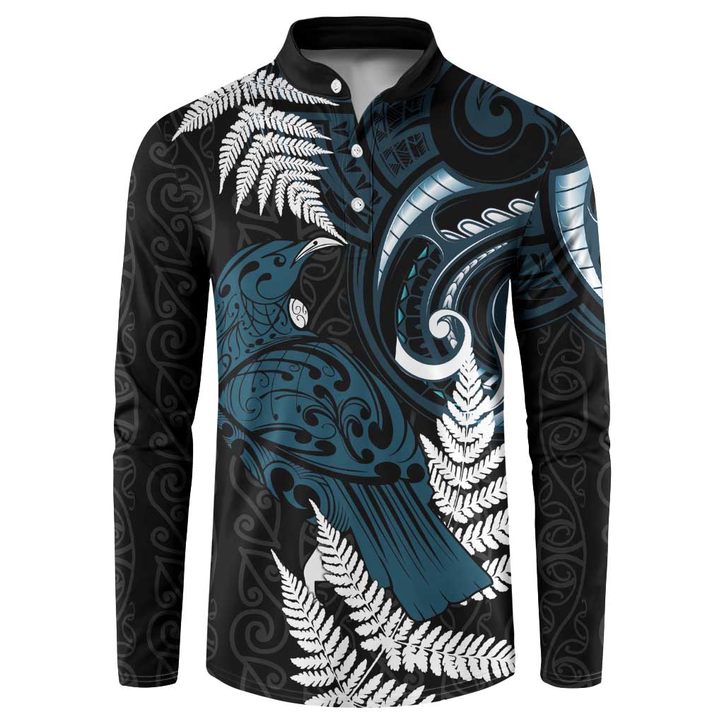 New Zealand Tui Bird Button Sweatshirt Maori Kowhaiwhai