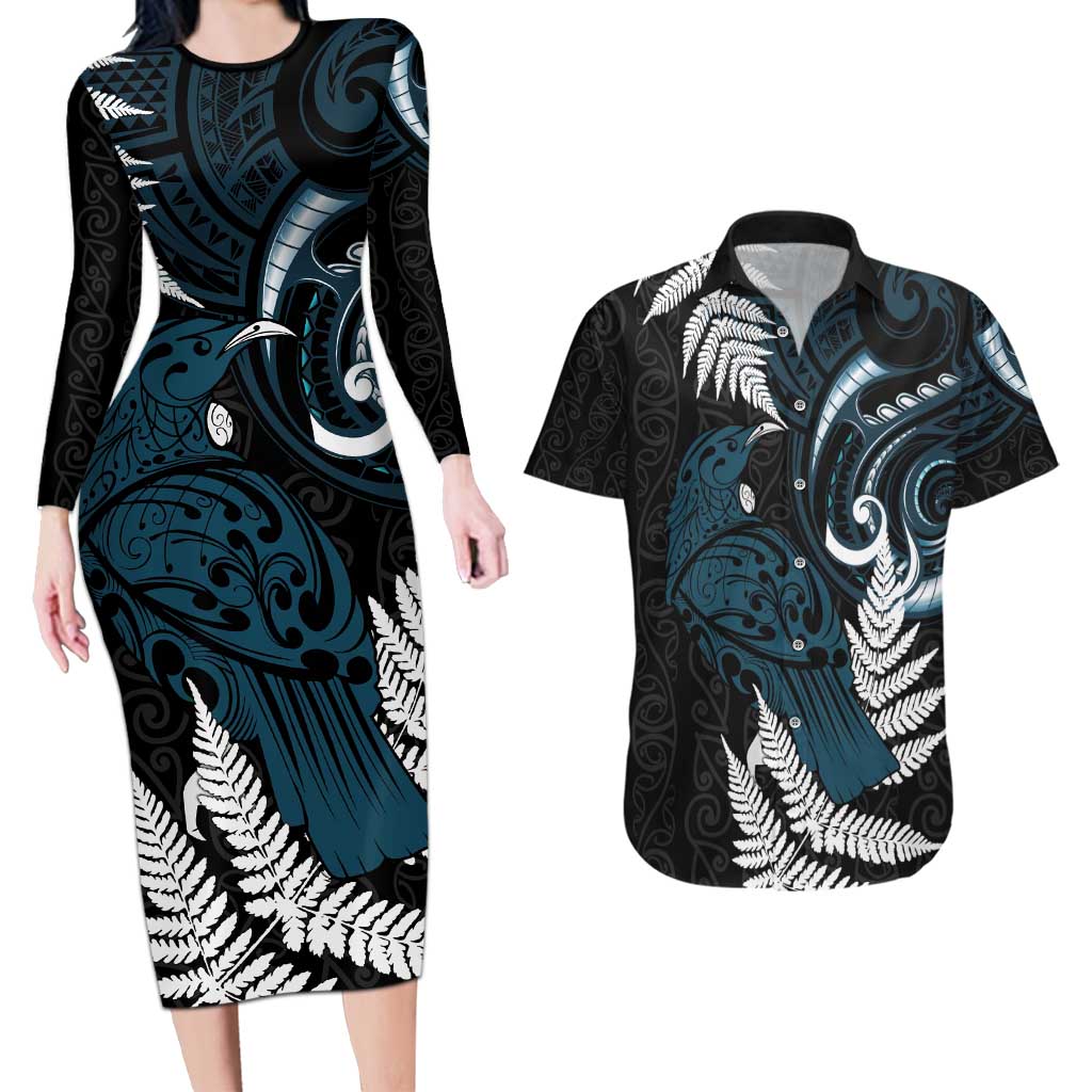 New Zealand Tui Bird Couples Matching Long Sleeve Bodycon Dress and Hawaiian Shirt Maori Kowhaiwhai