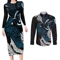 New Zealand Tui Bird Couples Matching Long Sleeve Bodycon Dress and Long Sleeve Button Shirt Maori Kowhaiwhai