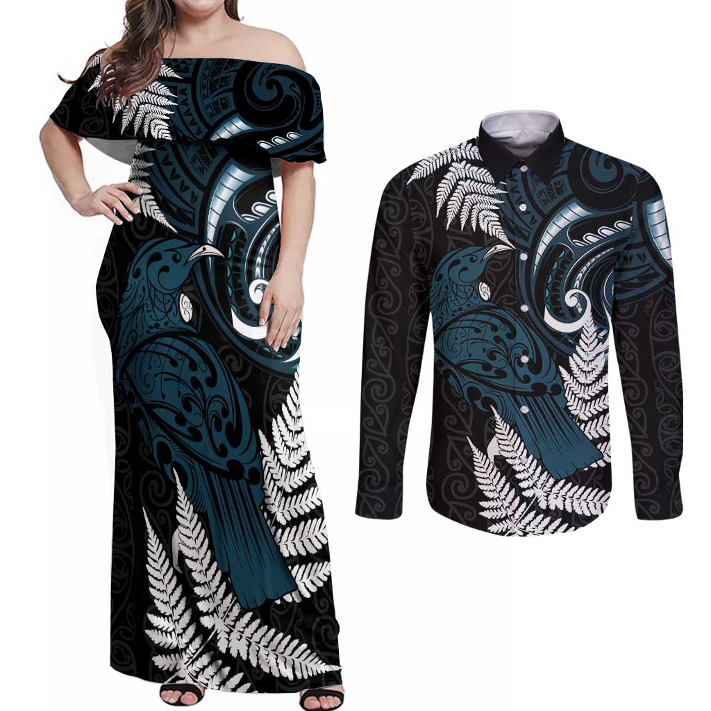 New Zealand Tui Bird Couples Matching Off Shoulder Maxi Dress and Long Sleeve Button Shirt Maori Kowhaiwhai