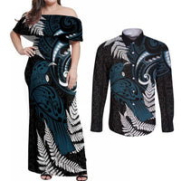 New Zealand Tui Bird Couples Matching Off Shoulder Maxi Dress and Long Sleeve Button Shirt Maori Kowhaiwhai