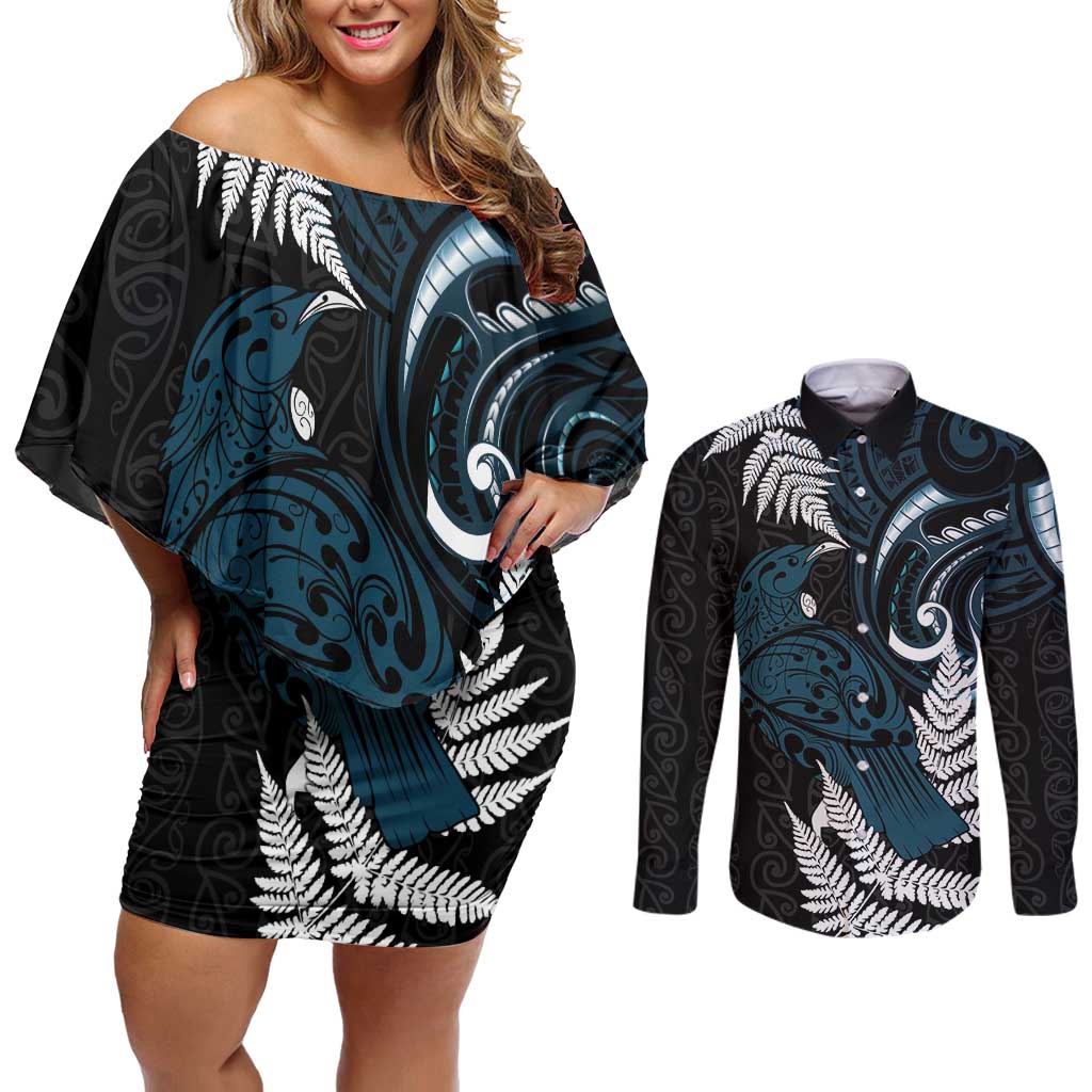 New Zealand Tui Bird Couples Matching Off Shoulder Short Dress and Long Sleeve Button Shirt Maori Kowhaiwhai
