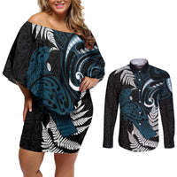 New Zealand Tui Bird Couples Matching Off Shoulder Short Dress and Long Sleeve Button Shirt Maori Kowhaiwhai
