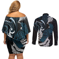New Zealand Tui Bird Couples Matching Off Shoulder Short Dress and Long Sleeve Button Shirt Maori Kowhaiwhai
