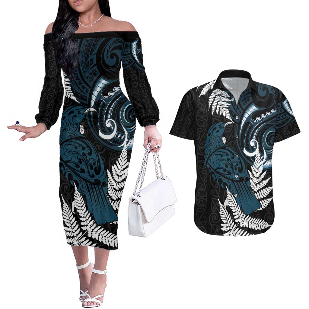 New Zealand Tui Bird Couples Matching Off The Shoulder Long Sleeve Dress and Hawaiian Shirt Maori Kowhaiwhai