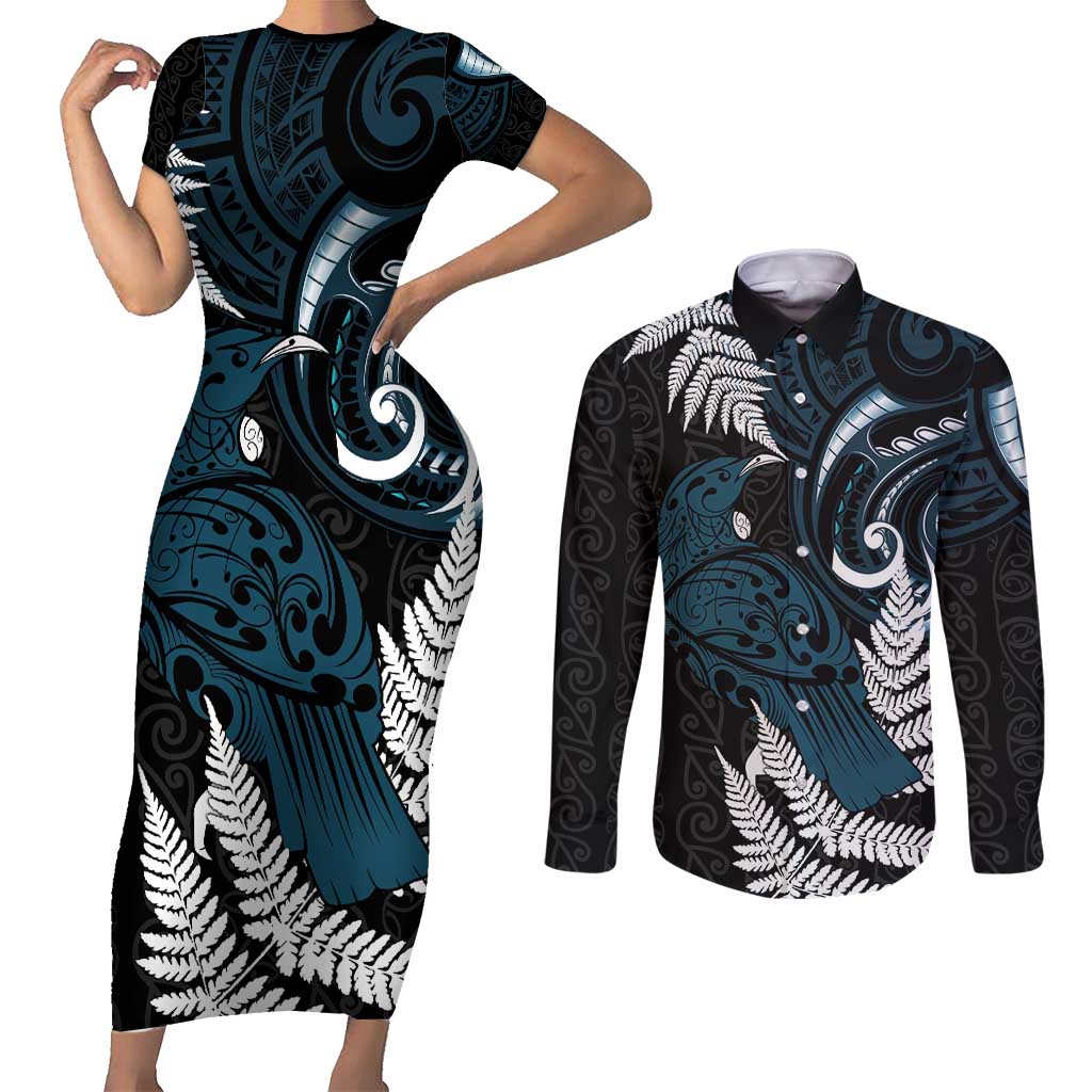 New Zealand Tui Bird Couples Matching Short Sleeve Bodycon Dress and Long Sleeve Button Shirt Maori Kowhaiwhai