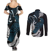 New Zealand Tui Bird Couples Matching Summer Maxi Dress and Long Sleeve Button Shirt Maori Kowhaiwhai