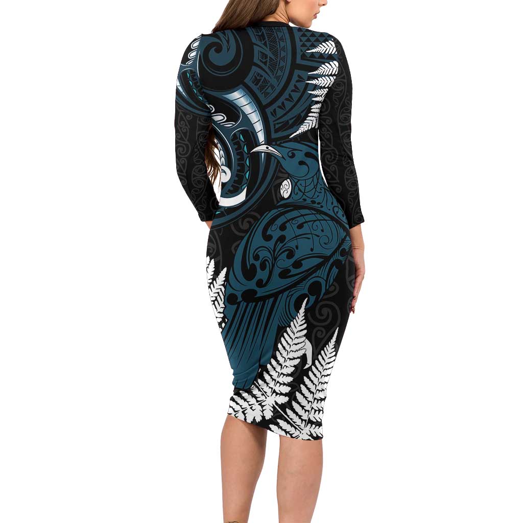 New Zealand Tui Bird Long Sleeve Bodycon Dress Maori Kowhaiwhai LT7 - Polynesian Pride
