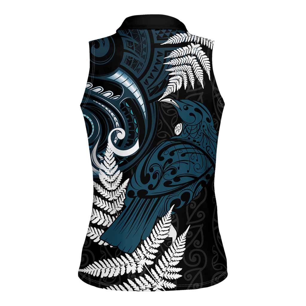 New Zealand Tui Bird Women Sleeveless Polo Shirt Maori Kowhaiwhai