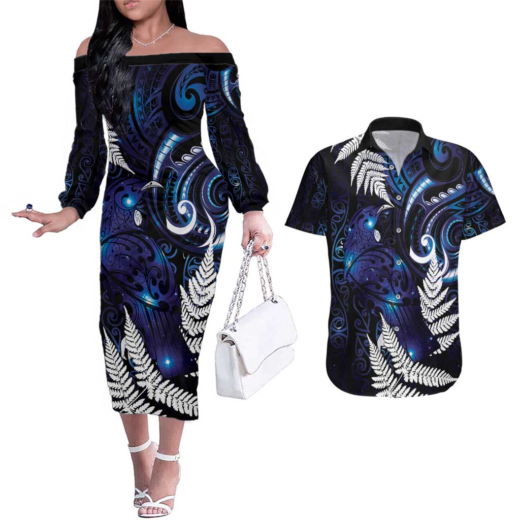 New Zealand Maori Matariki Couples Matching Off The Shoulder Long Sleeve Dress and Hawaiian Shirt Tui Bird Galaxy