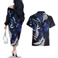 New Zealand Maori Matariki Couples Matching Off The Shoulder Long Sleeve Dress and Hawaiian Shirt Tui Bird Galaxy