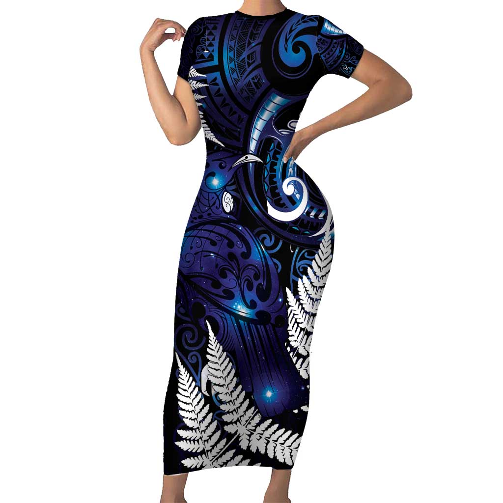 New Zealand Maori Matariki Family Matching Short Sleeve Bodycon Dress and Hawaiian Shirt Tui Bird Galaxy