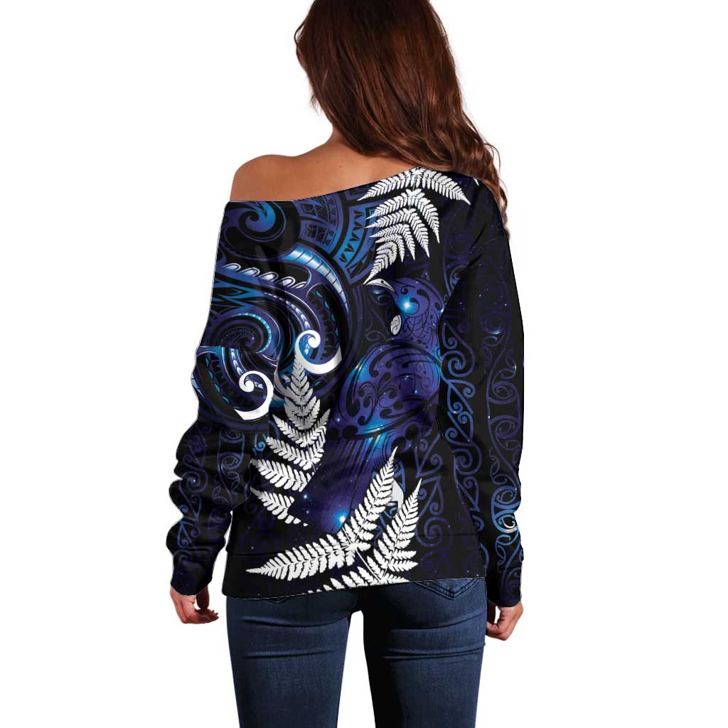 New Zealand Maori Matariki Off Shoulder Sweater Tui Bird Galaxy