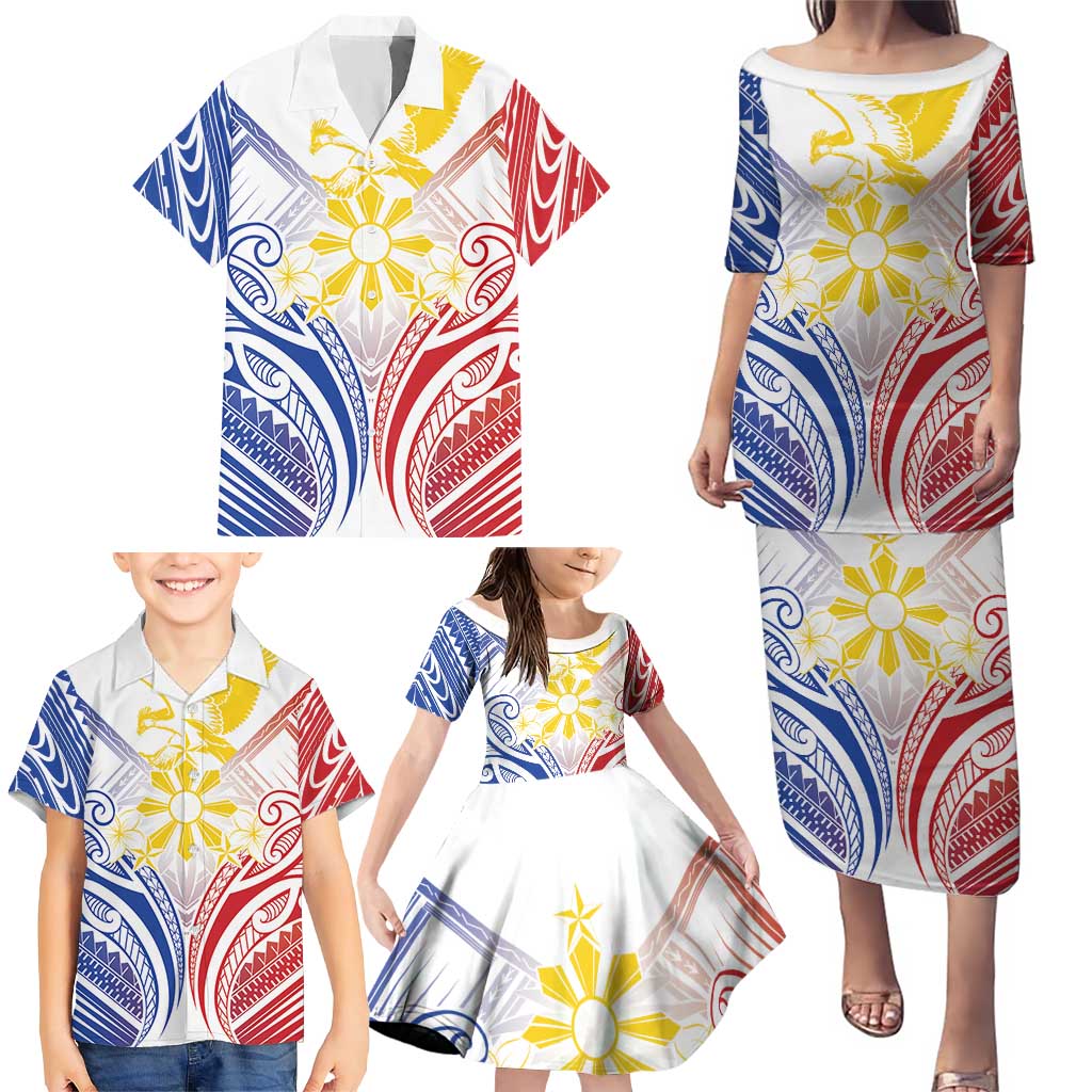 Philippines Tribal Sun Personalized Family Matching Puletasi and Hawaiian Shirt Hunting Eagle