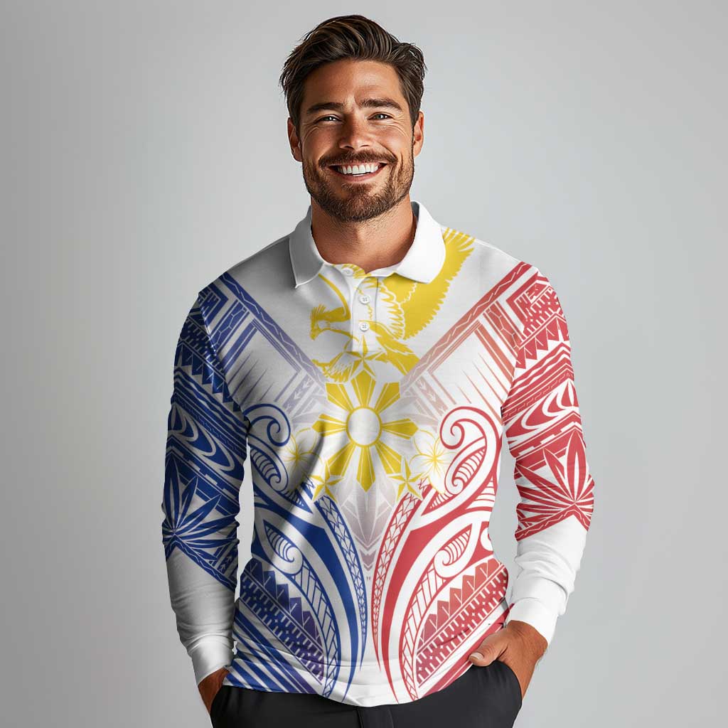 Philippines Tribal Sun Personalized Long Sleeve Polo Shirt Hunting Eagle