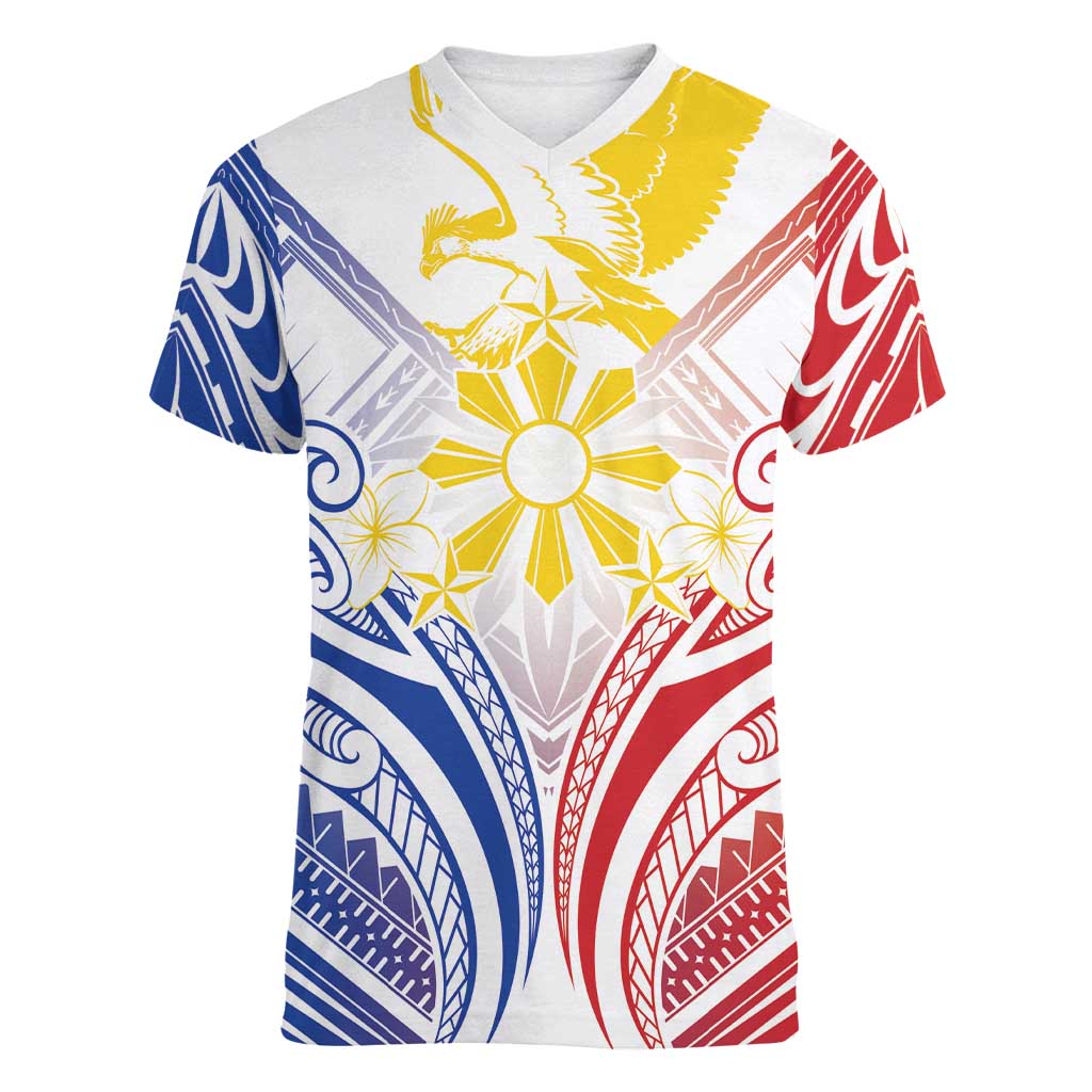 Philippines Tribal Sun Personalized Women V-Neck T-Shirt Hunting Eagle