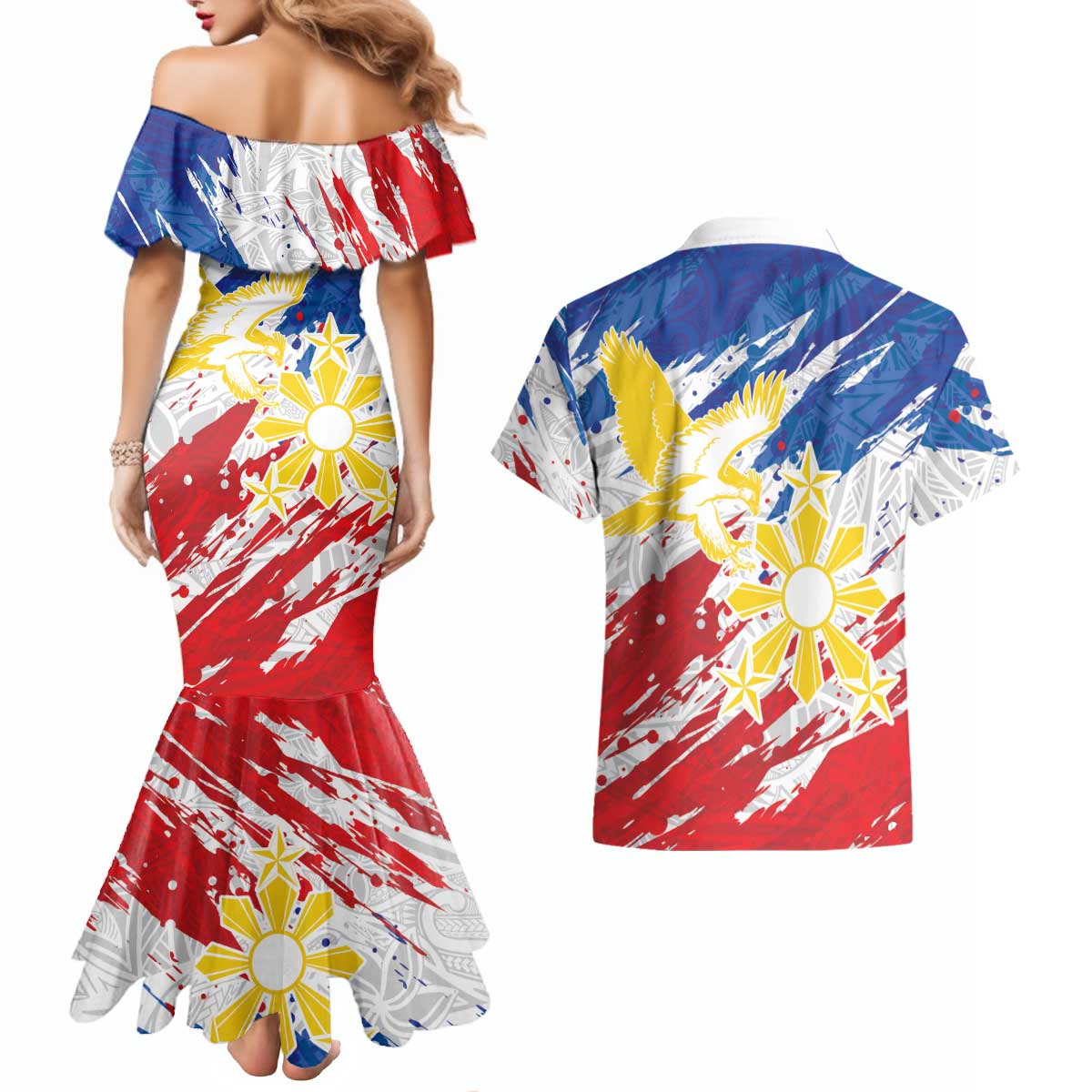 Personalized Filipino Sun and Stars Couples Matching Mermaid Dress and Hawaiian Shirt Grunge Vibes