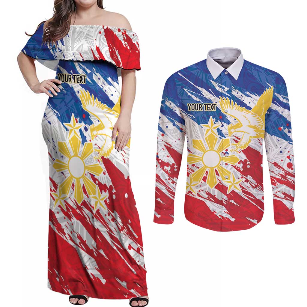 Personalized Filipino Sun and Stars Couples Matching Off Shoulder Maxi Dress and Long Sleeve Button Shirt Grunge Vibes LT7 White - Polynesian Pride