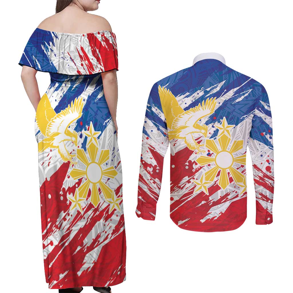 Personalized Filipino Sun and Stars Couples Matching Off Shoulder Maxi Dress and Long Sleeve Button Shirt Grunge Vibes LT7 - Polynesian Pride