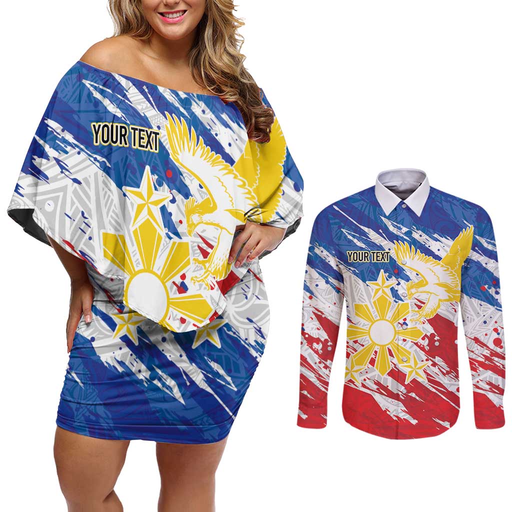 Personalized Filipino Sun and Stars Couples Matching Off Shoulder Short Dress and Long Sleeve Button Shirt Grunge Vibes
