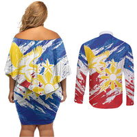 Personalized Filipino Sun and Stars Couples Matching Off Shoulder Short Dress and Long Sleeve Button Shirt Grunge Vibes