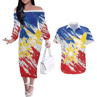 Personalized Filipino Sun and Stars Couples Matching Off The Shoulder Long Sleeve Dress and Hawaiian Shirt Grunge Vibes LT7 White - Polynesian Pride