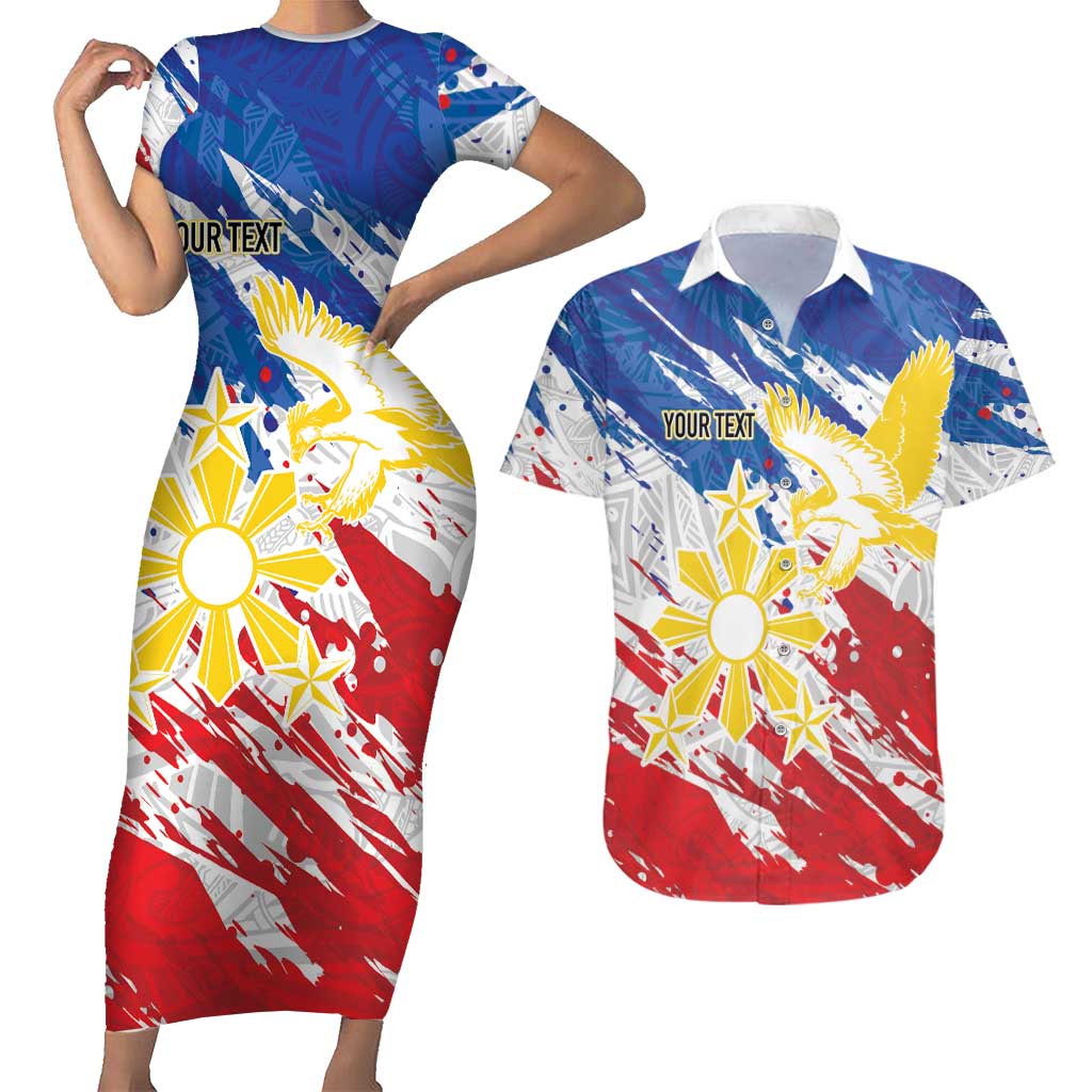 Personalized Filipino Sun and Stars Couples Matching Short Sleeve Bodycon Dress and Hawaiian Shirt Grunge Vibes LT7 White - Polynesian Pride