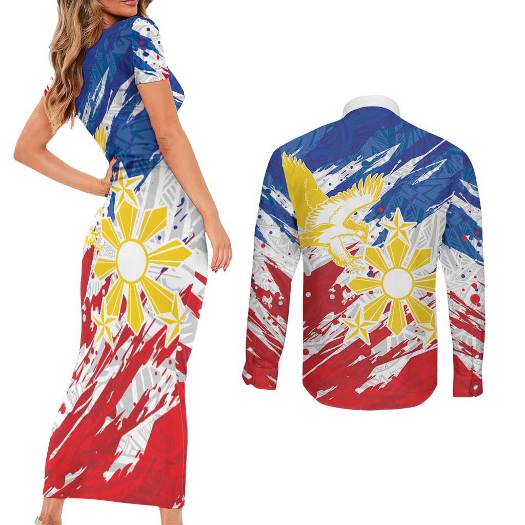 Personalized Filipino Sun and Stars Couples Matching Short Sleeve Bodycon Dress and Long Sleeve Button Shirt Grunge Vibes