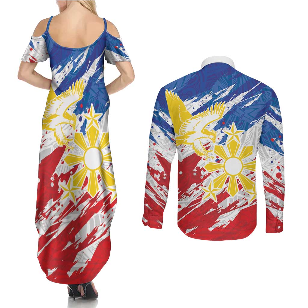 Personalized Filipino Sun and Stars Couples Matching Summer Maxi Dress and Long Sleeve Button Shirt Grunge Vibes
