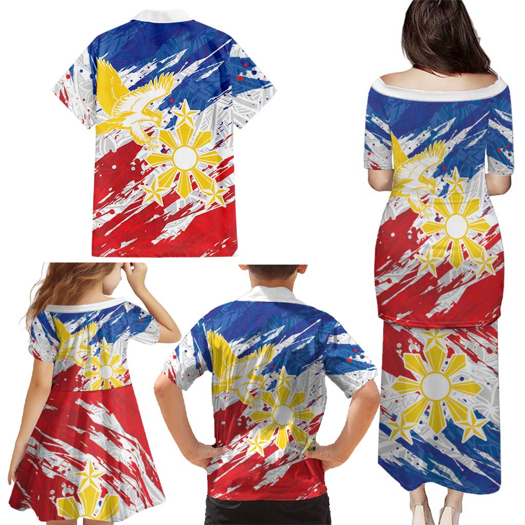 Personalized Filipino Sun and Stars Family Matching Puletasi and Hawaiian Shirt Grunge Vibes LT7 - Polynesian Pride