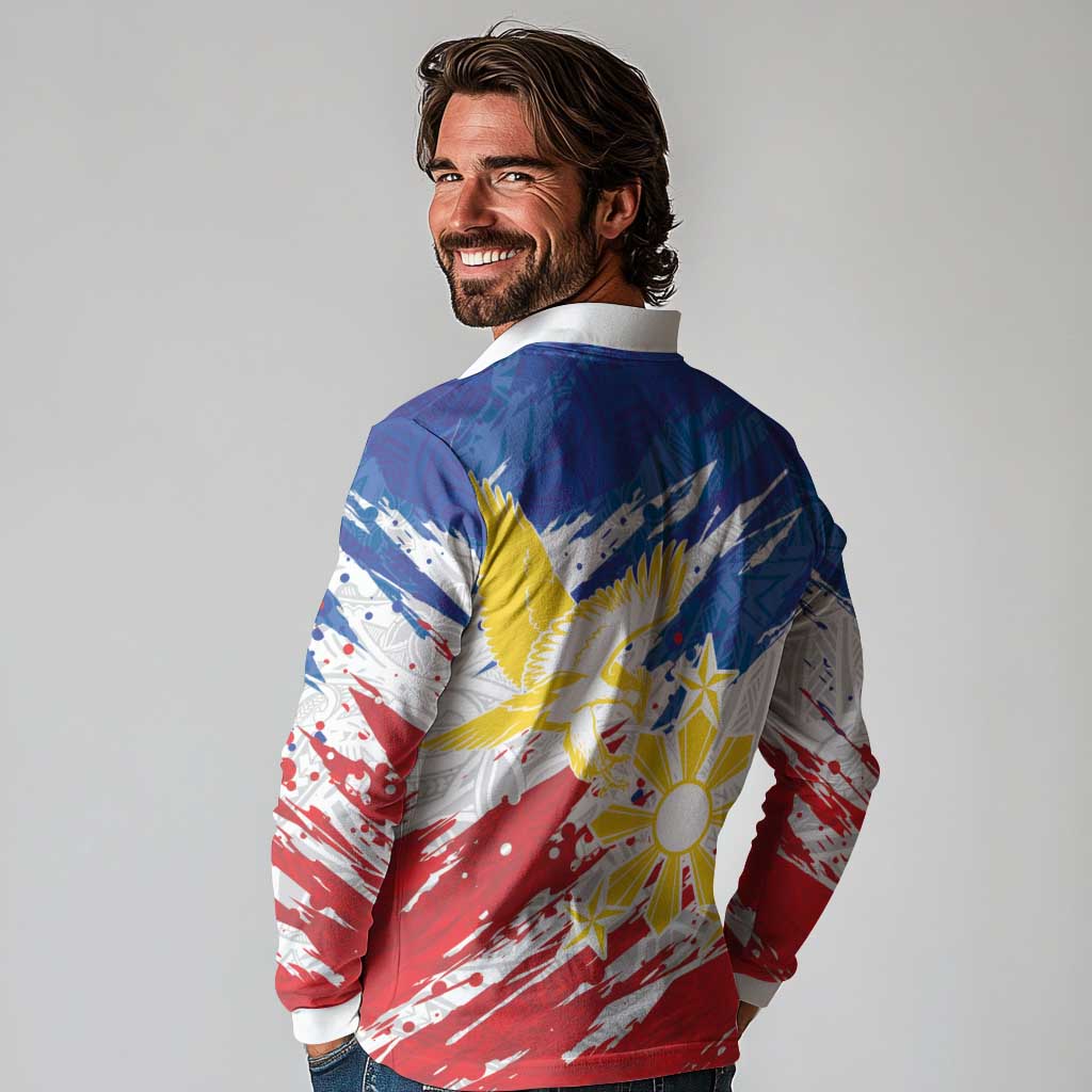 Personalized Filipino Sun and Stars Long Sleeve Polo Shirt Grunge Vibes