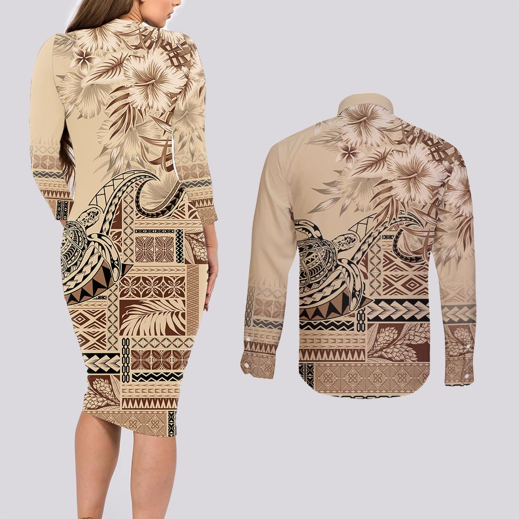 Vaiaso o le Gagana Samoa Couples Matching Long Sleeve Bodycon Dress and Long Sleeve Button Shirt Siapo Motif Beige