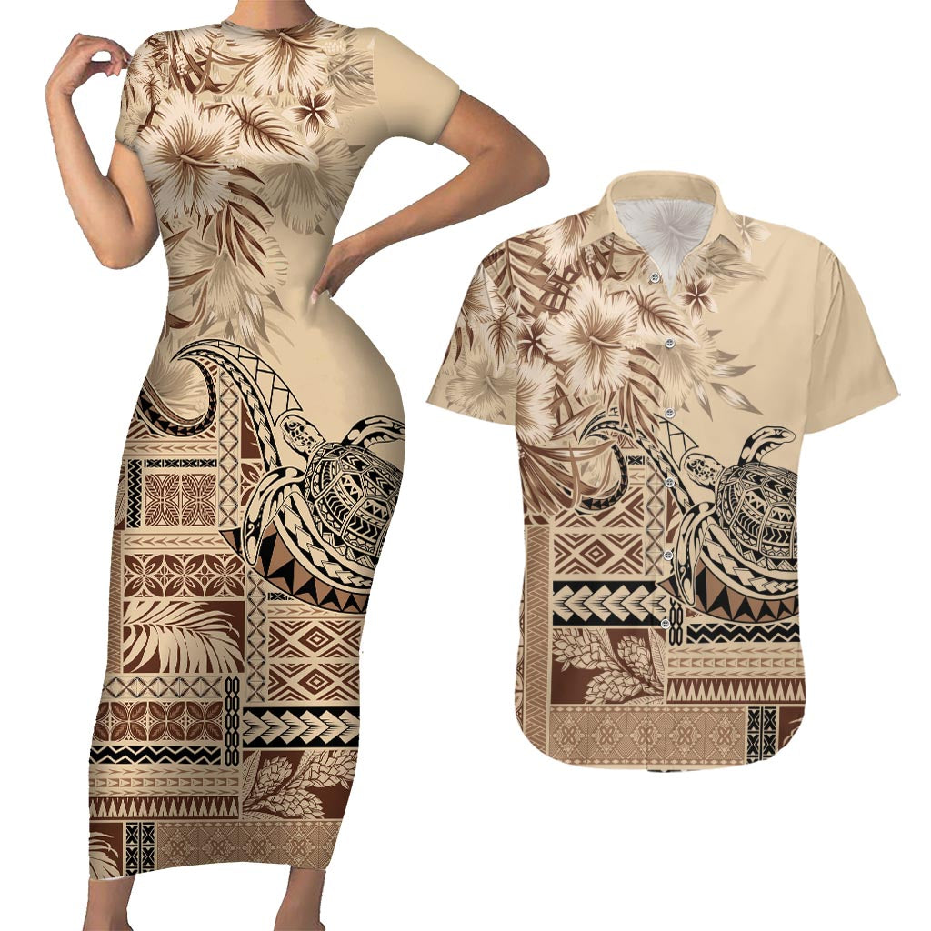 Vaiaso o le Gagana Samoa Couples Matching Short Sleeve Bodycon Dress and Hawaiian Shirt Siapo Motif Beige