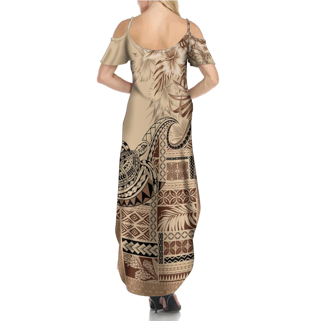Vaiaso o le Gagana Samoa Family Matching Summer Maxi Dress and Hawaiian Shirt Siapo Motif Beige