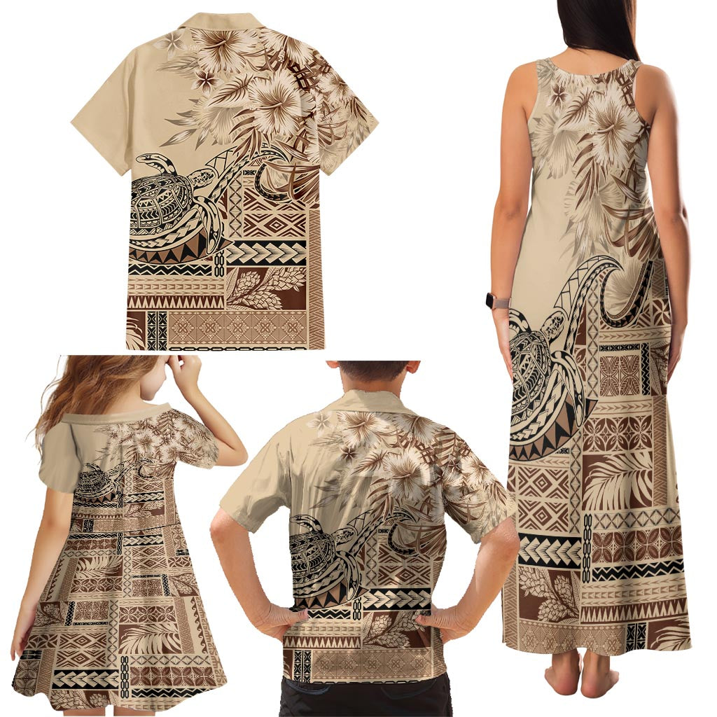 Vaiaso o le Gagana Samoa Family Matching Tank Maxi Dress and Hawaiian Shirt Siapo Motif Beige