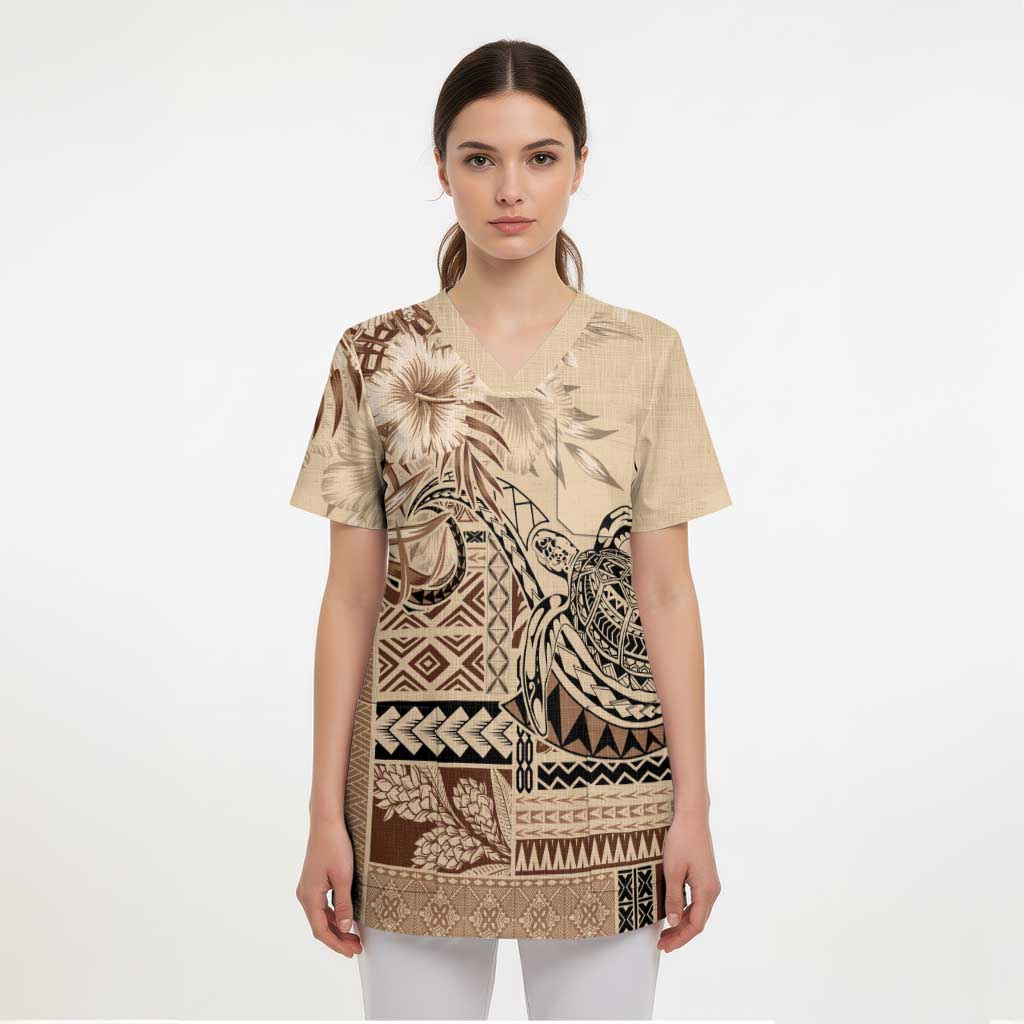 Vaiaso o le Gagana Samoa Scrub Top Siapo Motif Beige - Polynesian Pride