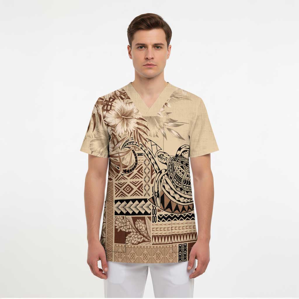Vaiaso o le Gagana Samoa Scrub Top Siapo Motif Beige - Polynesian Pride