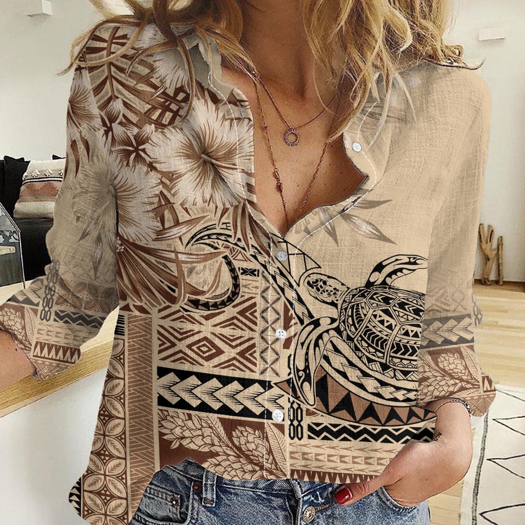 Vaiaso o le Gagana Samoa Women Casual Shirt Siapo Motif Beige LT7 Female Beige - Polynesian Pride