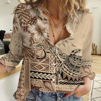 Vaiaso o le Gagana Samoa Women Casual Shirt Siapo Motif Beige LT7 Female Beige - Polynesian Pride