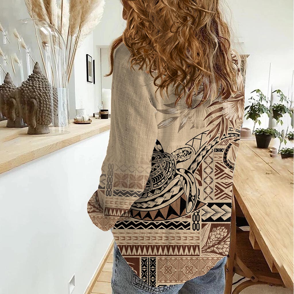 Vaiaso o le Gagana Samoa Women Casual Shirt Siapo Motif Beige LT7 - Polynesian Pride