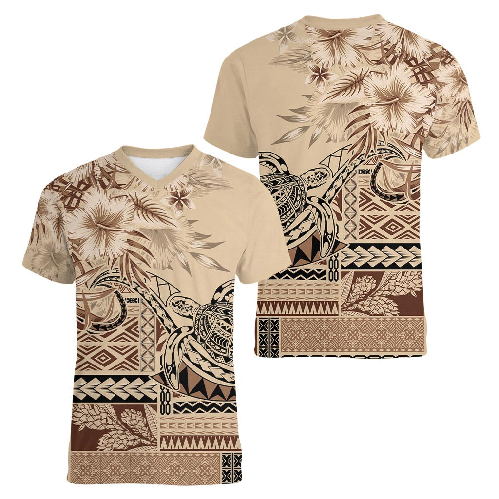 Vaiaso o le Gagana Samoa Women V-Neck T-Shirt Siapo Motif Beige