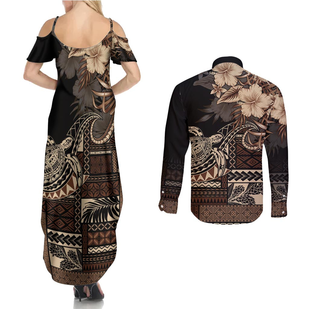 Vaiaso o le Gagana Samoa Couples Matching Summer Maxi Dress and Long Sleeve Button Shirt Siapo Motif Black